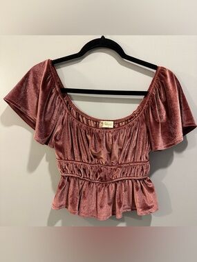Altard State Ruched Velvet Flutter Sleeve Cropped Top Size S Burgundy